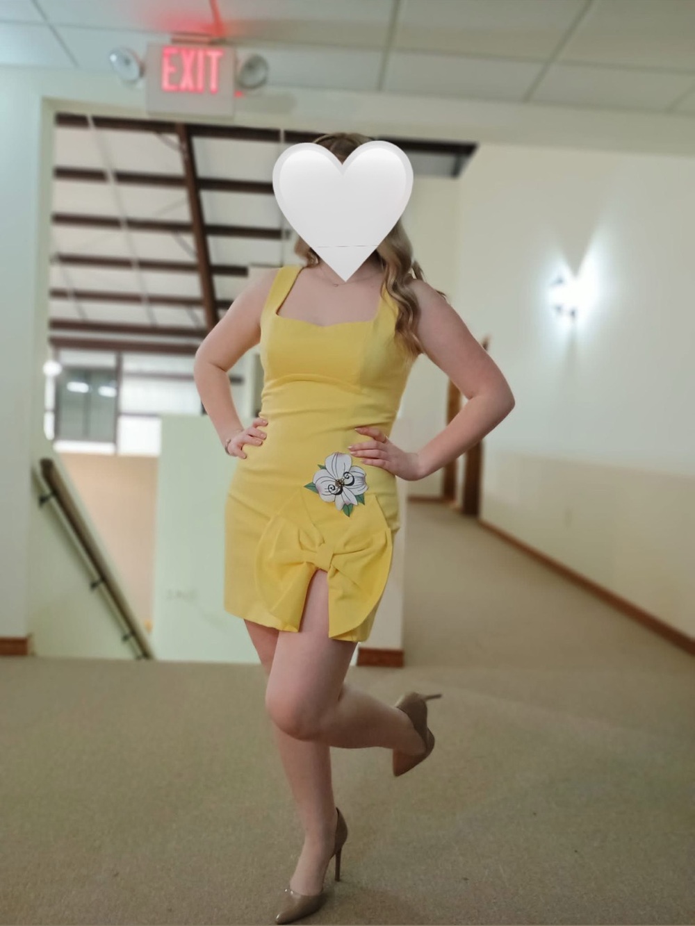 Yellow Square-Neck Mini Dress with Floral Applique